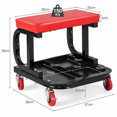 Taburete para Garaje y Taller con 4 Ruedas Universales Asiento para Herramientas Acolchado con Bandeja 38 x 37 x 36 cm Rojo y Negro