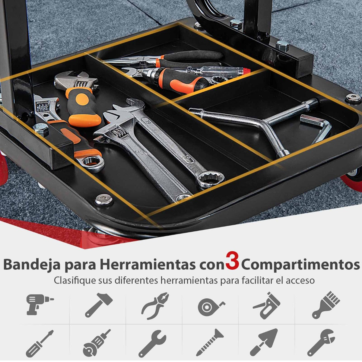 Taburete para Garaje y Taller con 4 Ruedas Universales Asiento para Herramientas Acolchado con Bandeja 38 x 37 x 36 cm Rojo y Negro