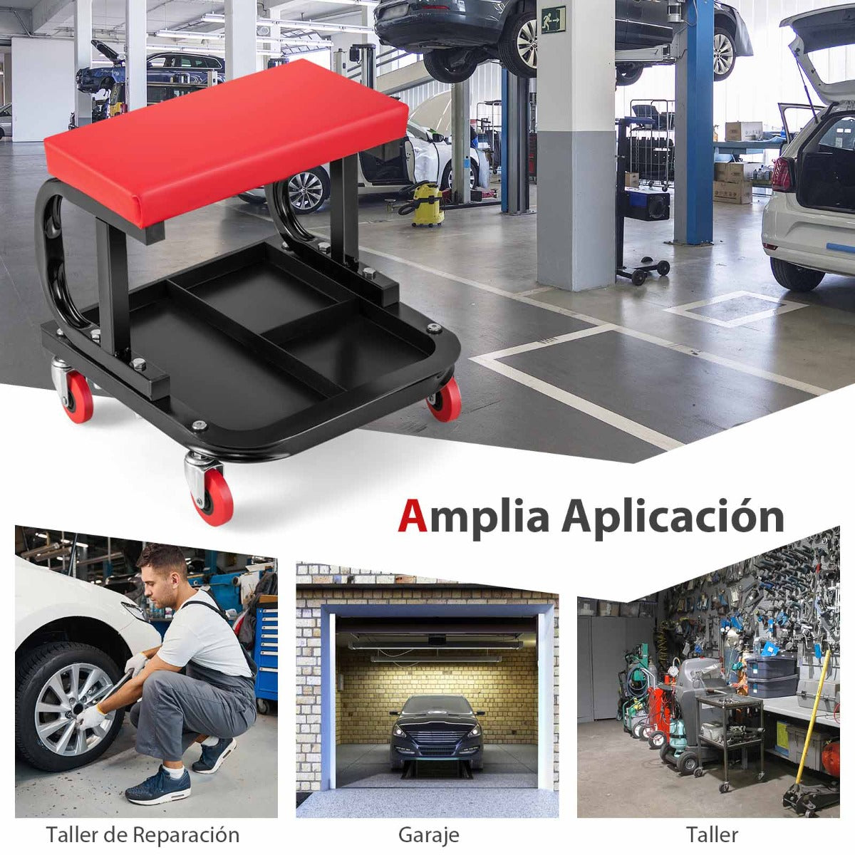 Taburete para Garaje y Taller con 4 Ruedas Universales Asiento para Herramientas Acolchado con Bandeja 38 x 37 x 36 cm Rojo y Negro