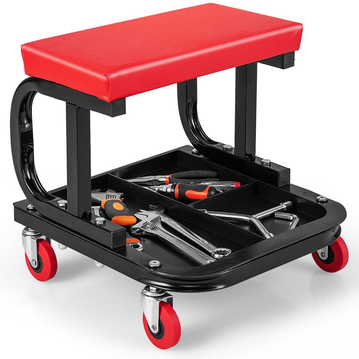 Taburete para Garaje y Taller con 4 Ruedas Universales Asiento para Herramientas Acolchado con Bandeja 38 x 37 x 36 cm Rojo y Negro