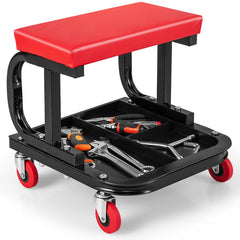 Taburete para Garaje y Taller con 4 Ruedas Universales Asiento para Herramientas Acolchado con Bandeja 38 x 37 x 36 cm Rojo y Negro