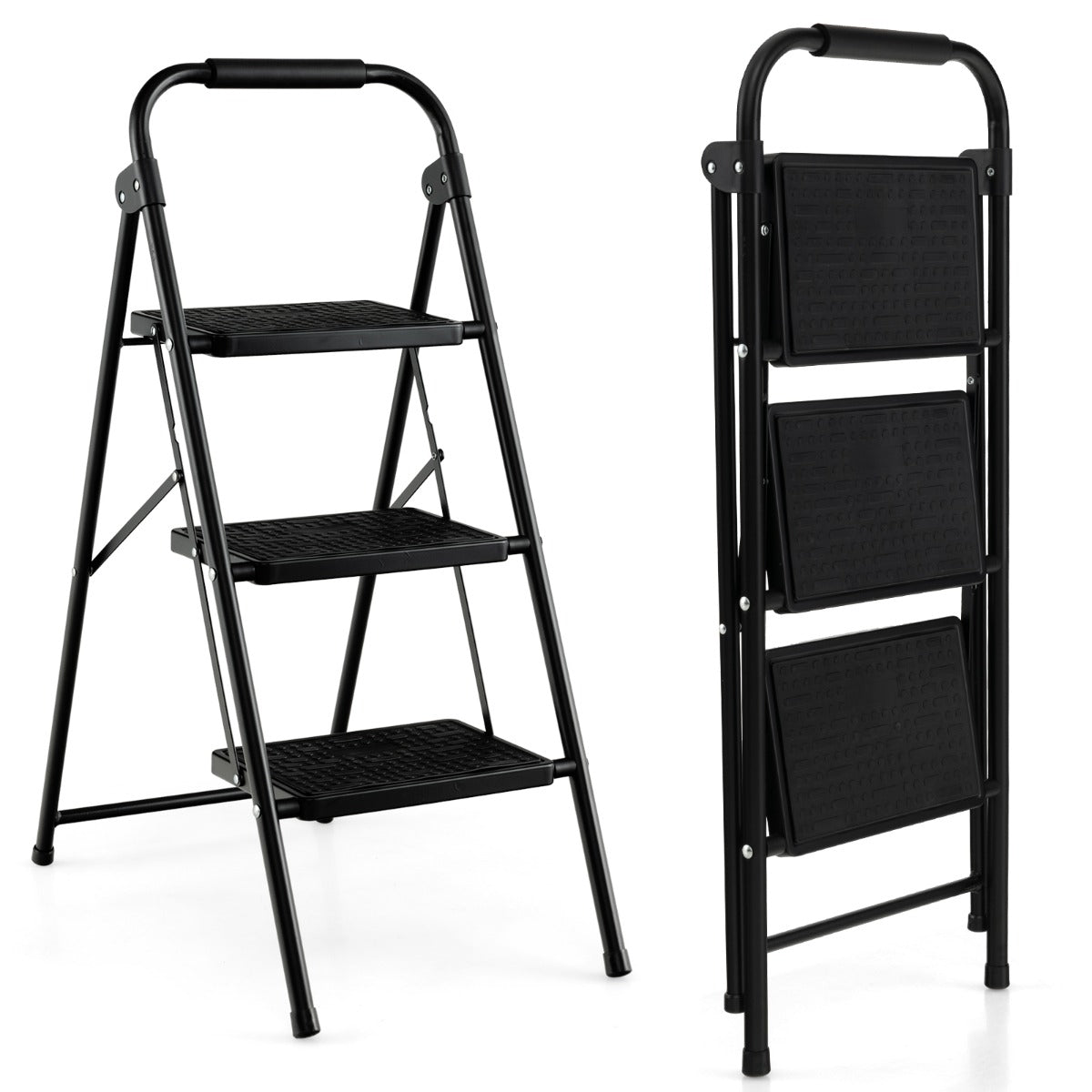 Escalera Plegable de 3 Peldaños Taburete con Pedal Manija Acolchada Escalones Antideslizantes Portátil para Cocina Hogar Carga 150 kg Negro