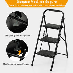 Escalera Plegable de 3 Peldaños Taburete con Pedal Manija Acolchada Escalones Antideslizantes Portátil para Cocina Hogar Carga 150 kg Negro
