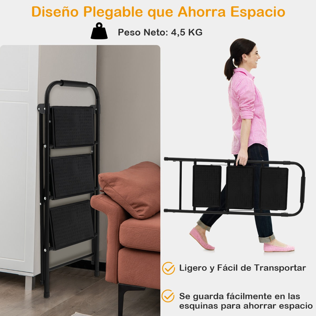 Escalera Plegable de 3 Peldaños Taburete con Pedal Manija Acolchada Escalones Antideslizantes Portátil para Cocina Hogar Carga 150 kg Negro