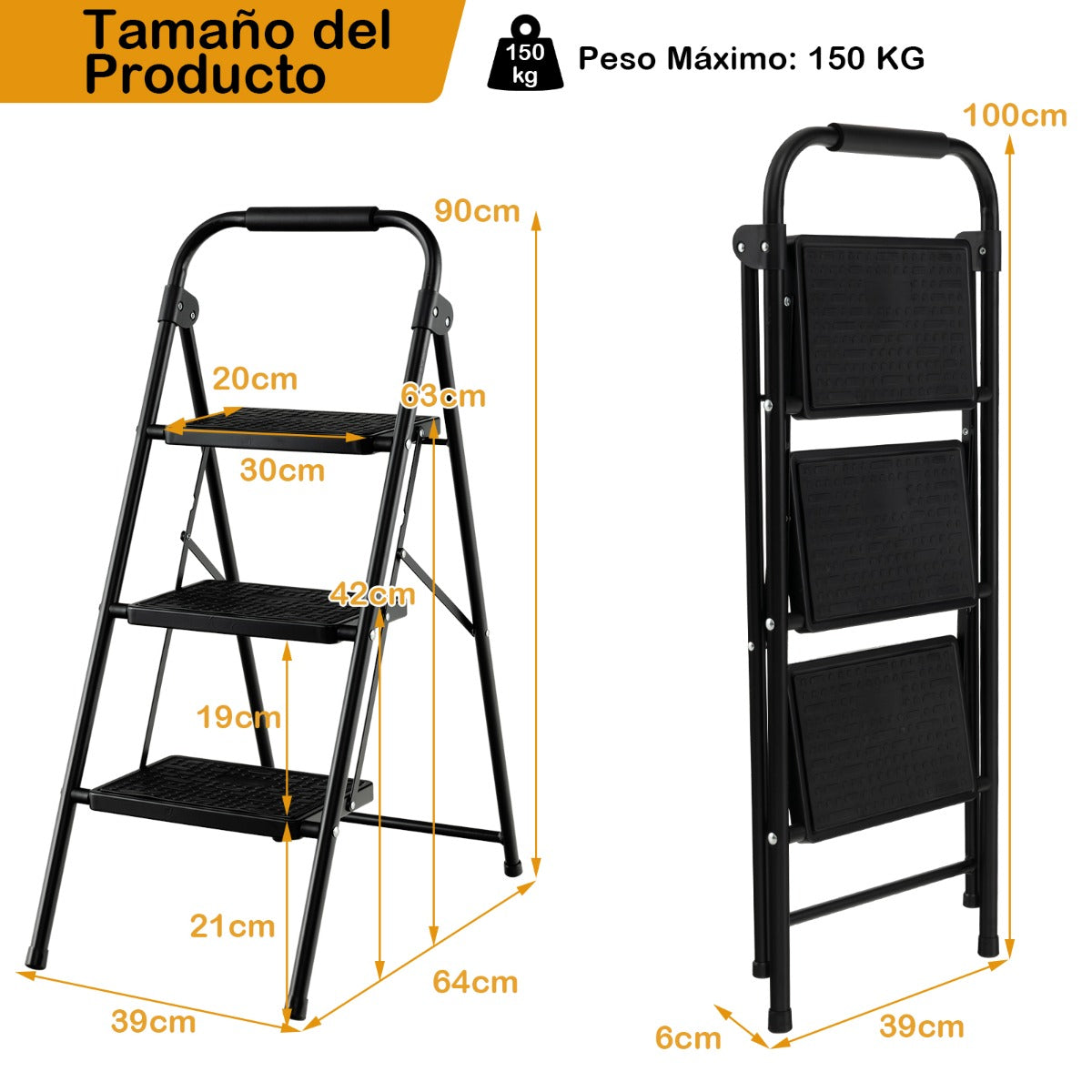 Escalera Plegable de 3 Peldaños Taburete con Pedal Manija Acolchada Escalones Antideslizantes Portátil para Cocina Hogar Carga 150 kg Negro