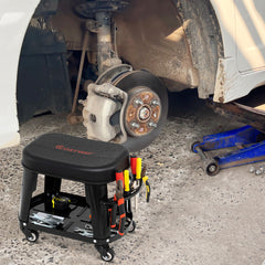 Taburete Rodante para Garaje con Almacenaje Asiento Mecánico Automotriz con Bandeja para Herramientas y Soporte Pesado de 136 KG Negro