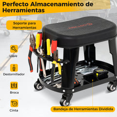 Taburete Rodante para Garaje con Almacenaje Asiento Mecánico Automotriz con Bandeja para Herramientas y Soporte Pesado de 136 KG Negro