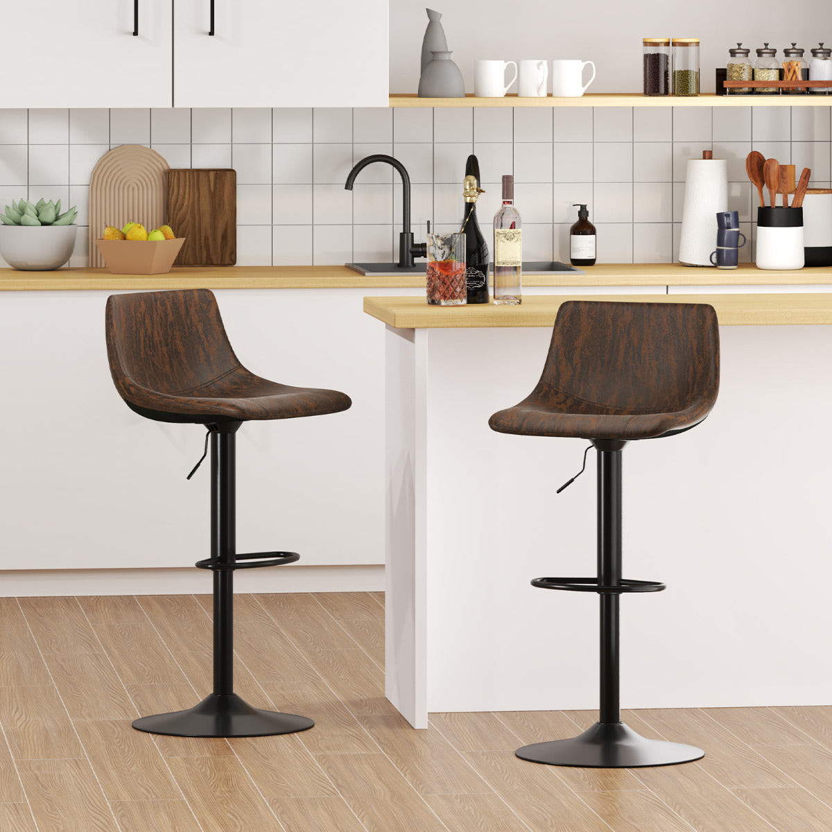 Juego de 2 Taburetes de Bar Ajustables en Altura Silla de Bar Tapizada con Respaldo Estructura Metálica Giratoria 360° para Comedor Marrón