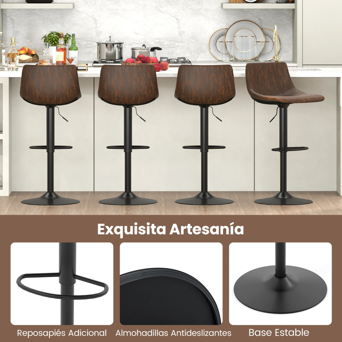 Juego de 2 Taburetes de Bar Ajustables en Altura Silla de Bar Tapizada con Respaldo Estructura Metálica Giratoria 360° para Comedor Marrón