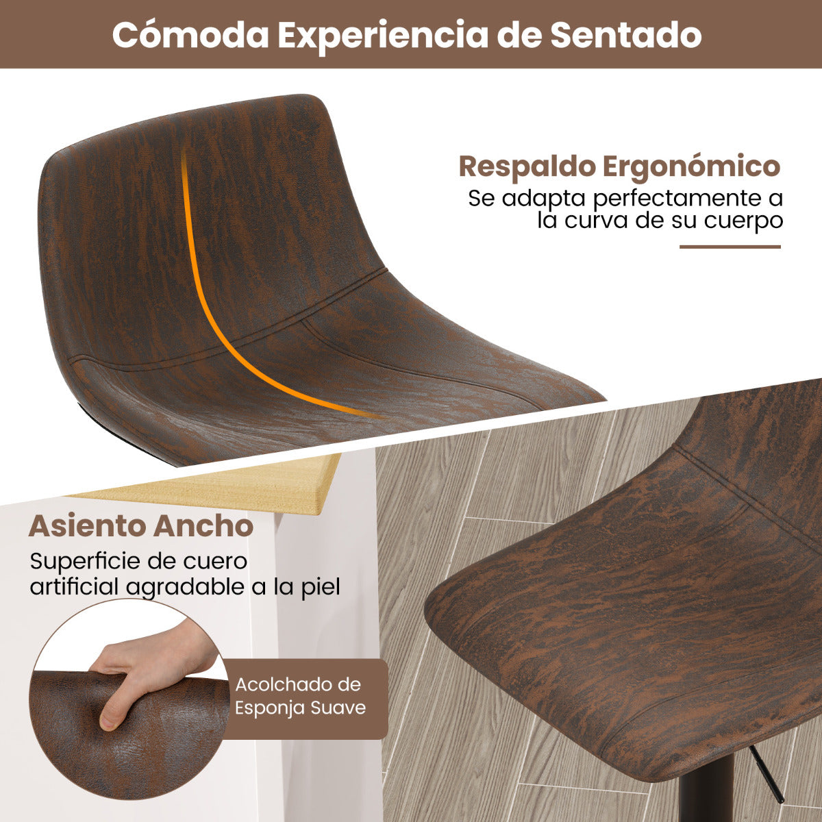 Juego de 2 Taburetes de Bar Ajustables en Altura Silla de Bar Tapizada con Respaldo Estructura Metálica Giratoria 360° para Comedor Marrón
