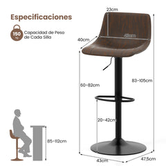 Juego de 2 Taburetes de Bar Ajustables en Altura Silla de Bar Tapizada con Respaldo Estructura Metálica Giratoria 360° para Comedor Marrón