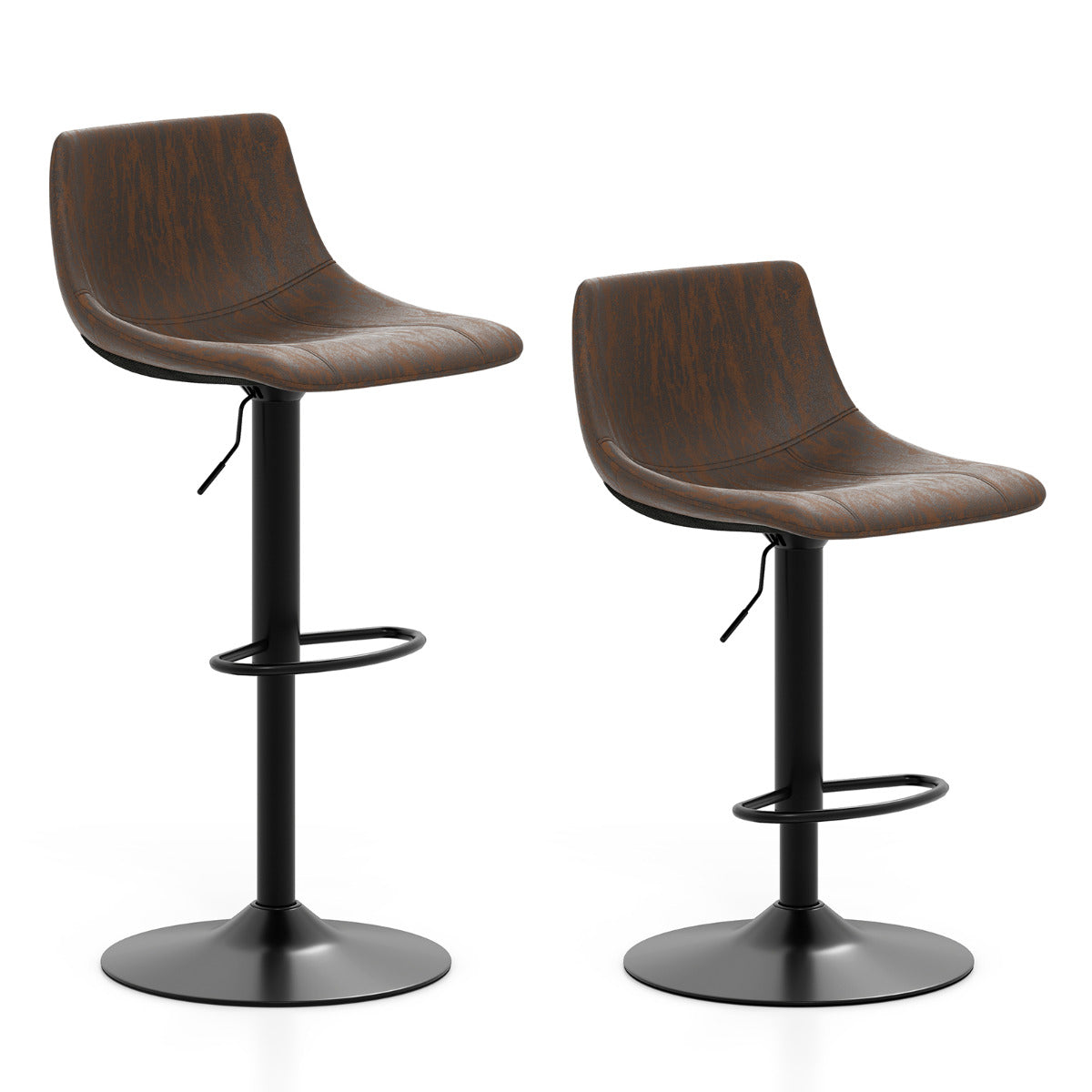 Juego de 2 Taburetes de Bar Ajustables en Altura Silla de Bar Tapizada con Respaldo Estructura Metálica Giratoria 360° para Comedor Marrón