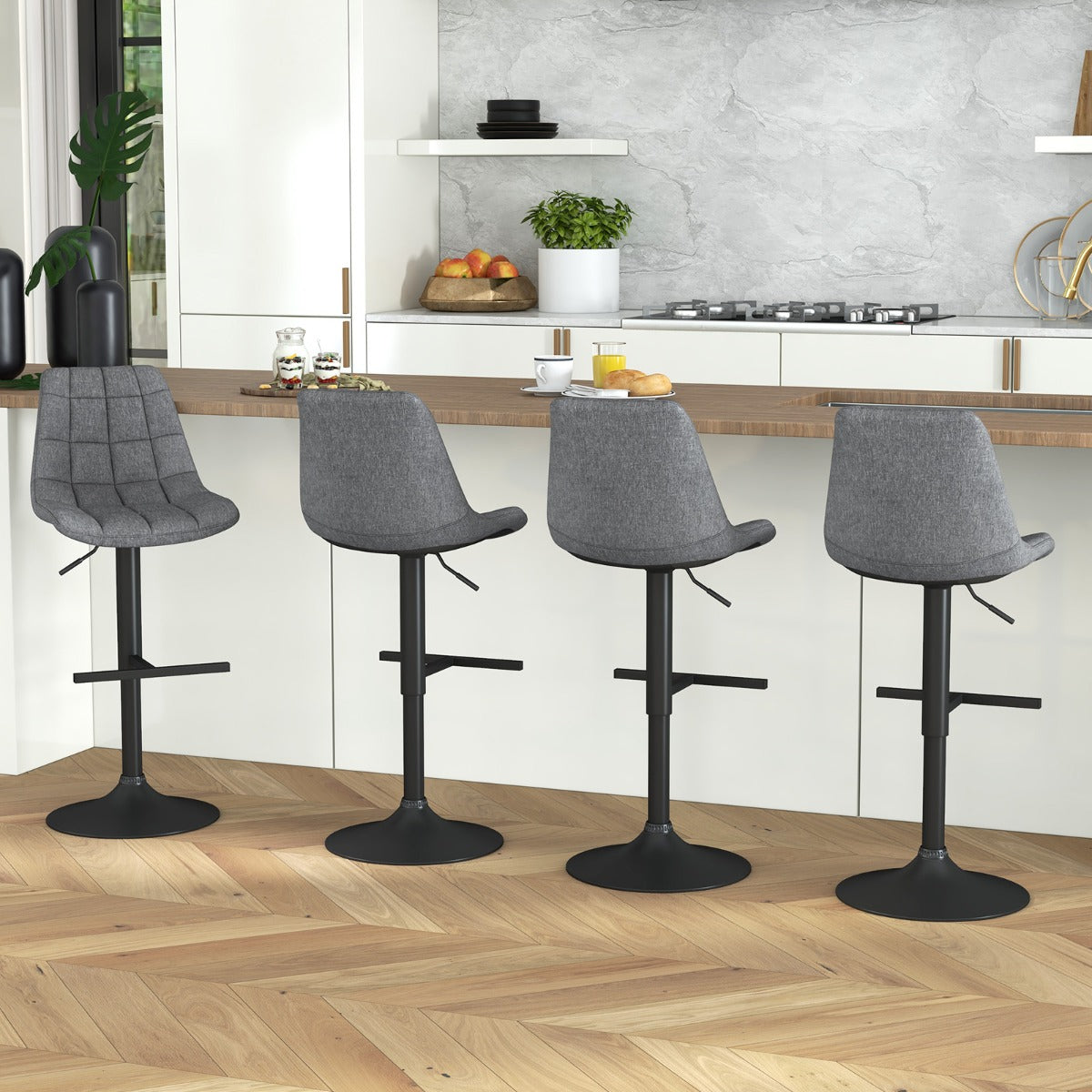 Juego de 2 Taburetes de Bar con Altura Ajustable Giratoria de 360° Tapizadas con Respaldo de Tela Gris