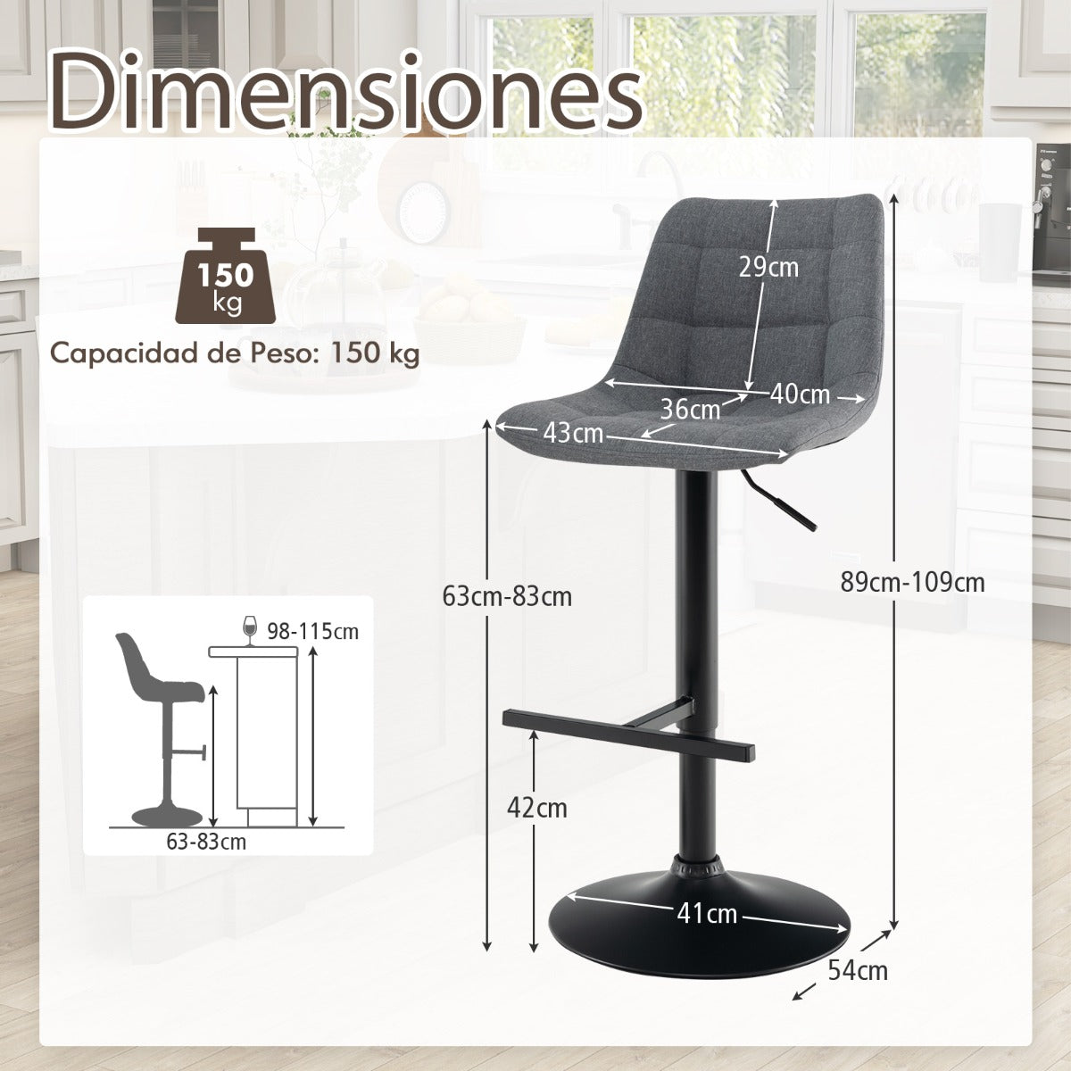 Juego de 2 Taburetes de Bar con Altura Ajustable Giratoria de 360° Tapizadas con Respaldo de Tela Gris