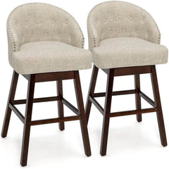 Jugeo de 2 Taburetes de Bar Giratorios con Patas de Madera de Caucho Respaldo Acolchado Tela de Lino y Remache 55 x 53 x 105 cm Beige