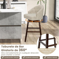 Jugeo de 2 Taburetes de Bar Giratorios con Patas de Madera de Caucho Respaldo Acolchado Tela de Lino y Remache 55 x 53 x 105 cm Beige