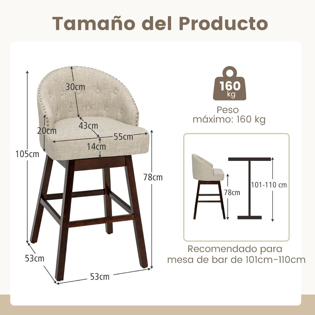 Jugeo de 2 Taburetes de Bar Giratorios con Patas de Madera de Caucho Respaldo Acolchado Tela de Lino y Remache 55 x 53 x 105 cm Beige