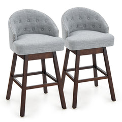 Jugeo de 2 Taburetes de Bar Giratorios con Patas de Madera de Caucho Respaldo Acolchado Tela de Lino y Remache 55 x 53 x 105 cm Gris