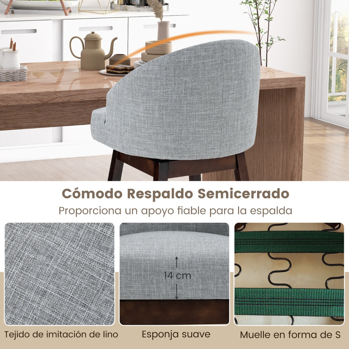 Jugeo de 2 Taburetes de Bar Giratorios con Patas de Madera de Caucho Respaldo Acolchado Tela de Lino y Remache 55 x 53 x 105 cm Gris