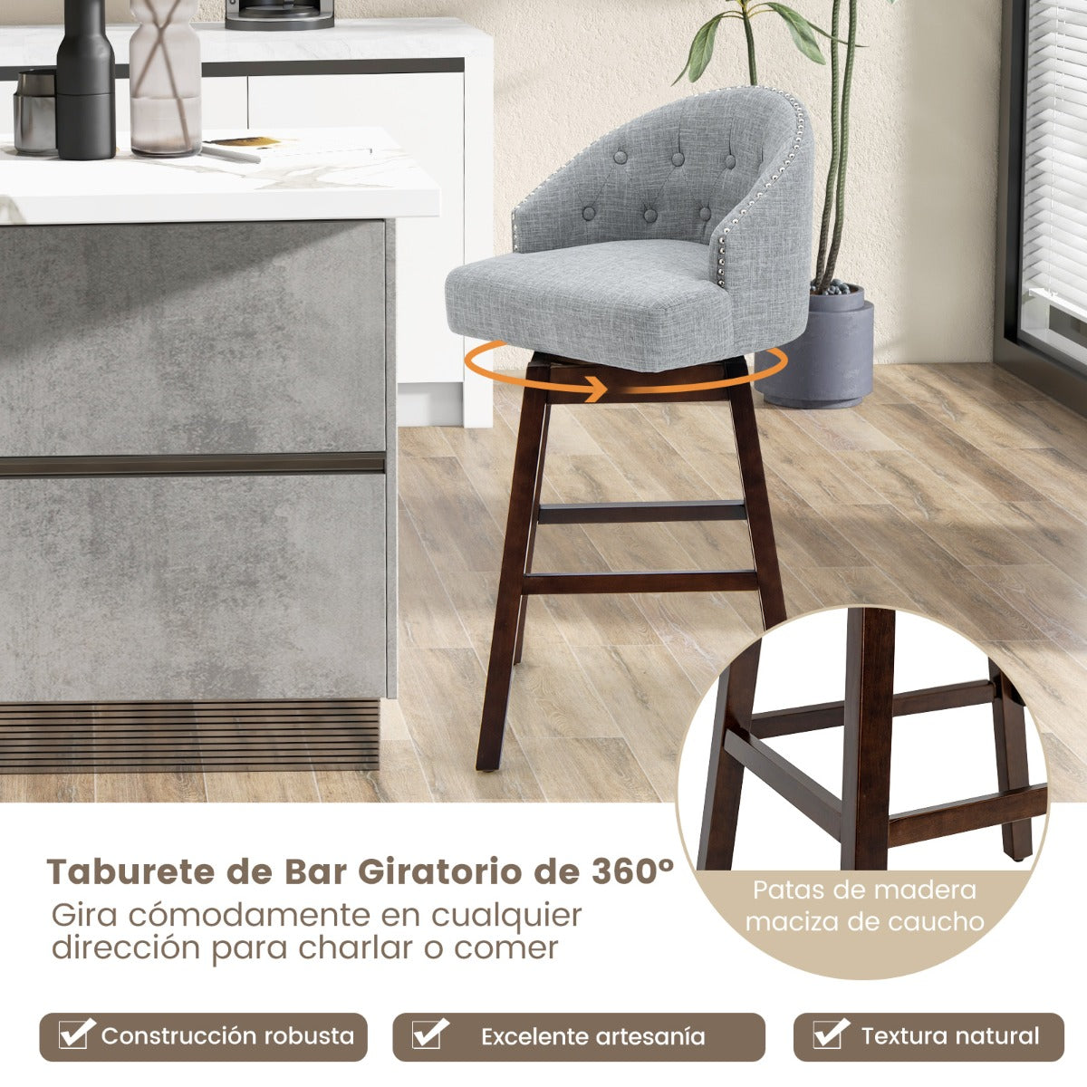 Jugeo de 2 Taburetes de Bar Giratorios con Patas de Madera de Caucho Respaldo Acolchado Tela de Lino y Remache 55 x 53 x 105 cm Gris