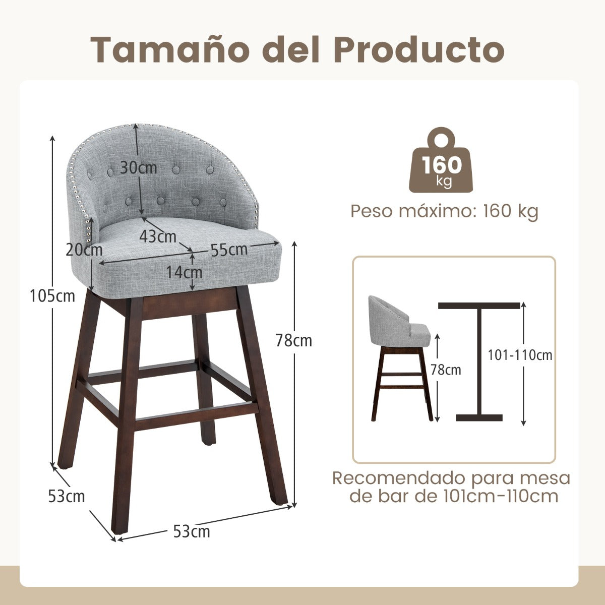 Jugeo de 2 Taburetes de Bar Giratorios con Patas de Madera de Caucho Respaldo Acolchado Tela de Lino y Remache 55 x 53 x 105 cm Gris