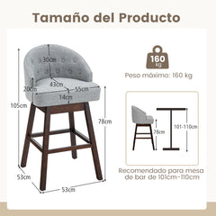 Jugeo de 2 Taburetes de Bar Giratorios con Patas de Madera de Caucho Respaldo Acolchado Tela de Lino y Remache 55 x 53 x 105 cm Gris