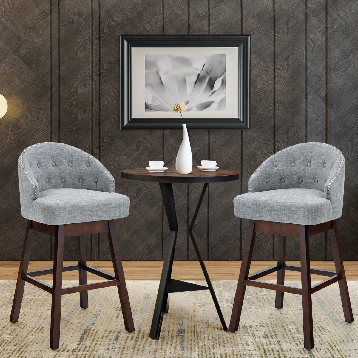 Jugeo de 2 Taburetes de Bar Giratorios con Patas de Madera de Caucho Respaldo Acolchado Tela de Lino y Remache 55 x 53 x 105 cm Gris