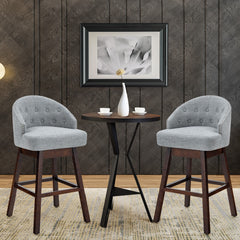 Jugeo de 2 Taburetes de Bar Giratorios con Patas de Madera de Caucho Respaldo Acolchado Tela de Lino y Remache 55 x 53 x 105 cm Gris