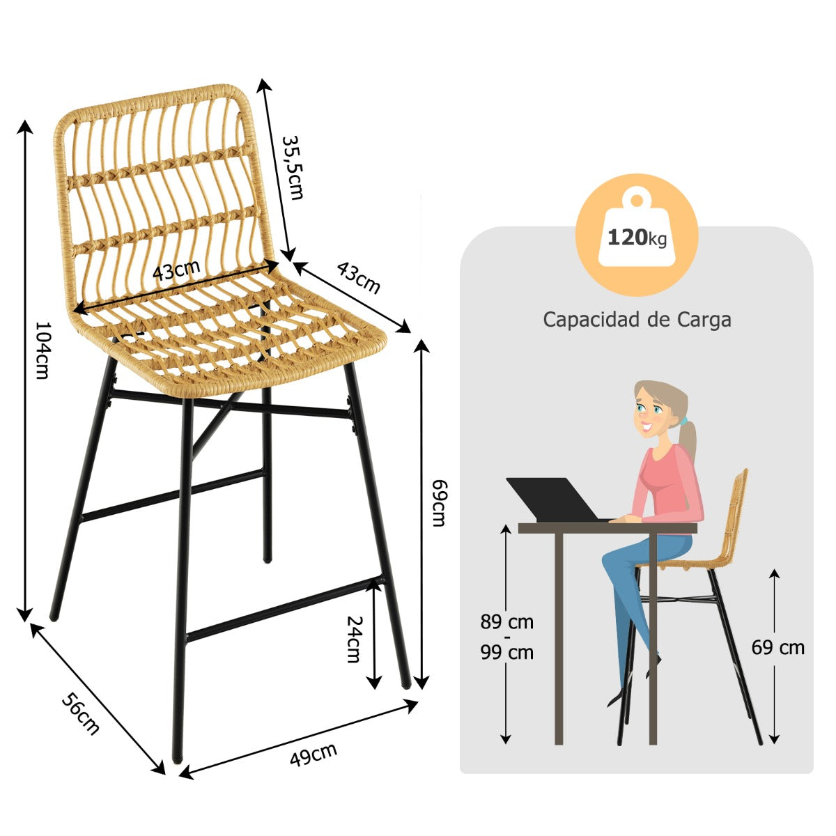 Juego de 2 Taburetes de Bar de Mimbre Modernos para Isla de Cocina 56 x 49 x 104 cm Amarillo
