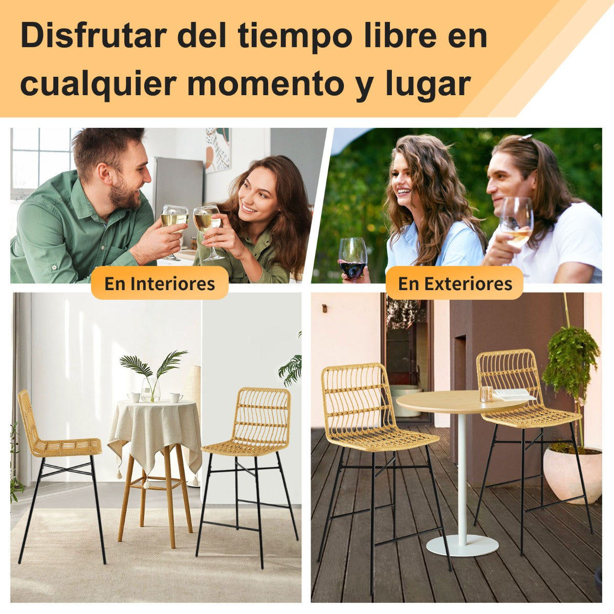 Juego de 2 Taburetes de Bar de Mimbre Modernos para Isla de Cocina 56 x 49 x 104 cm Amarillo
