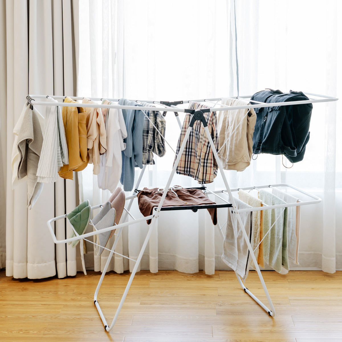 Tendedero de 2 Niveles Plegable Percha de Secado con Alas Ajustables Estendal Marco Acero para Ropa/Zapatos/Mantas 154 x55,5 x112 cm Blanco