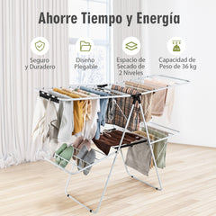 Tendedero de 2 Niveles Plegable Percha de Secado con Alas Ajustables Estendal Marco Acero para Ropa/Zapatos/Mantas 154 x55,5 x112 cm Blanco
