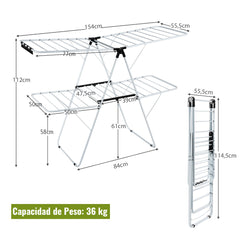 Tendedero de 2 Niveles Plegable Percha de Secado con Alas Ajustables Estendal Marco Acero para Ropa/Zapatos/Mantas 154 x55,5 x112 cm Blanco