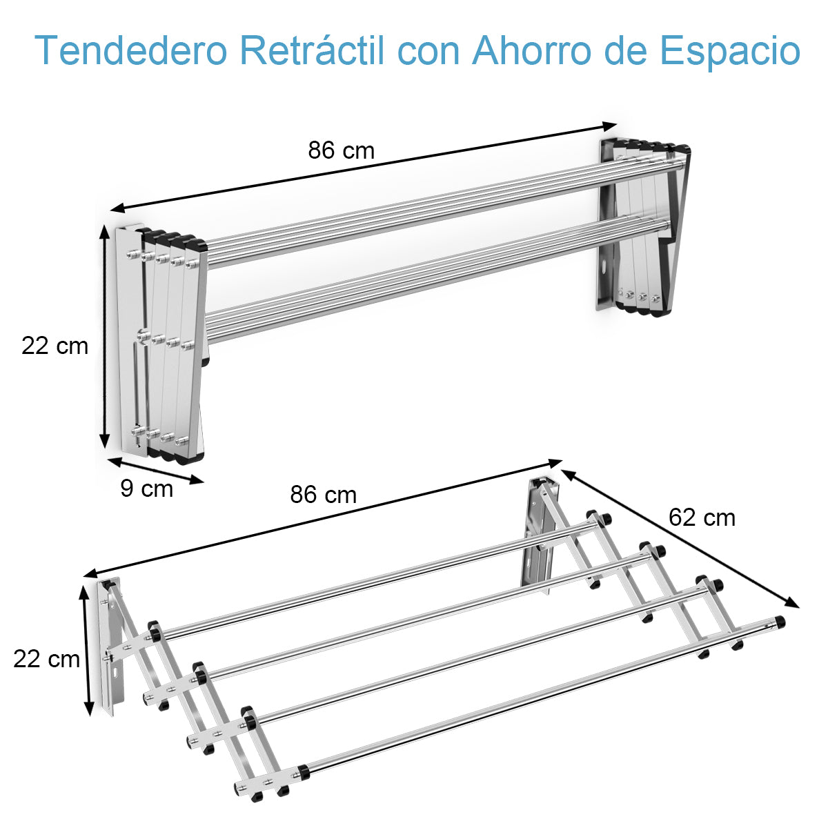 Tendedero de Pared Toallero Retráctil en Acordeón de Metal de Acero Inoxidable con 8 Barras Plata