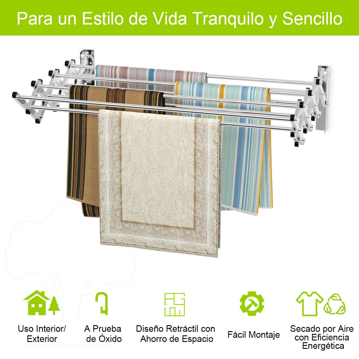 Tendedero de Pared Toallero Retráctil en Acordeón de Metal de Acero Inoxidable con 8 Barras Plata