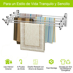 Tendedero de Pared Toallero Retráctil en Acordeón de Metal de Acero Inoxidable con 8 Barras Plata
