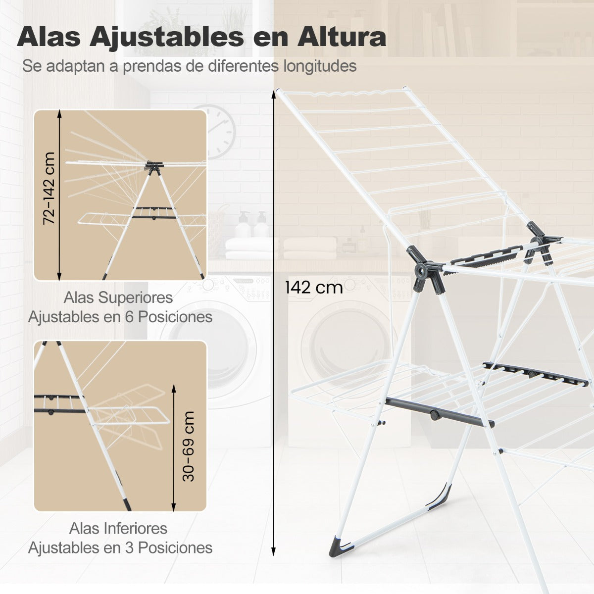 Tendedero de Ropa de 2 Niveles Plegable con Alas Ajustables en Altura 33 Rieles de Secado y Clips para Calcetines Soporte para Ropa