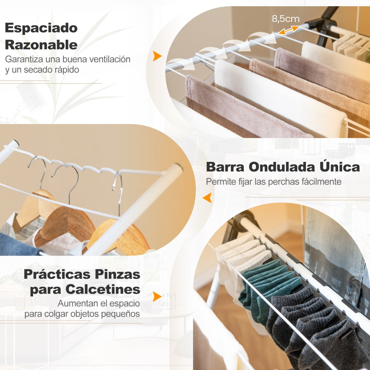 Tendedero de Ropa de 2 Niveles Plegable con Alas Ajustables en Altura 33 Rieles de Secado y Clips para Calcetines Soporte para Ropa