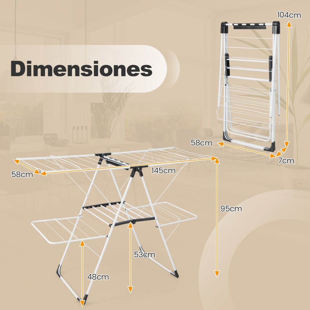 Tendedero de Ropa de 2 Niveles Plegable con Alas Ajustables en Altura 33 Rieles de Secado y Clips para Calcetines Soporte para Ropa