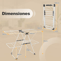 Tendedero de Ropa de 2 Niveles Plegable con Alas Ajustables en Altura 33 Rieles de Secado y Clips para Calcetines Soporte para Ropa