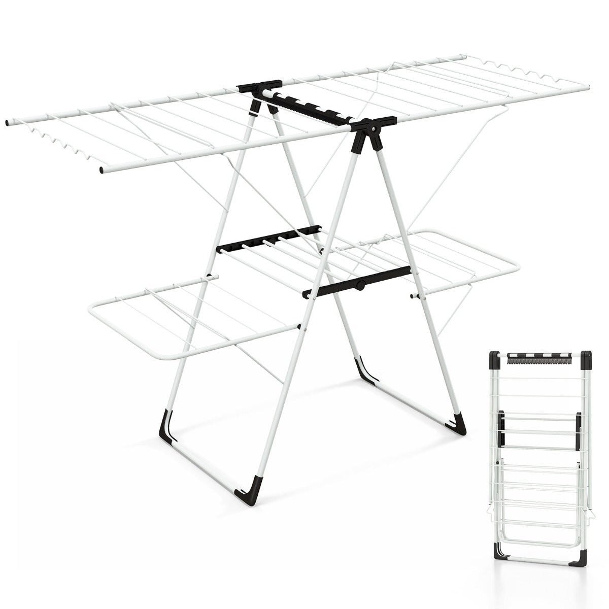Tendedero de Ropa de 2 Niveles Plegable con Alas Ajustables en Altura 33 Rieles de Secado y Clips para Calcetines Soporte para Ropa
