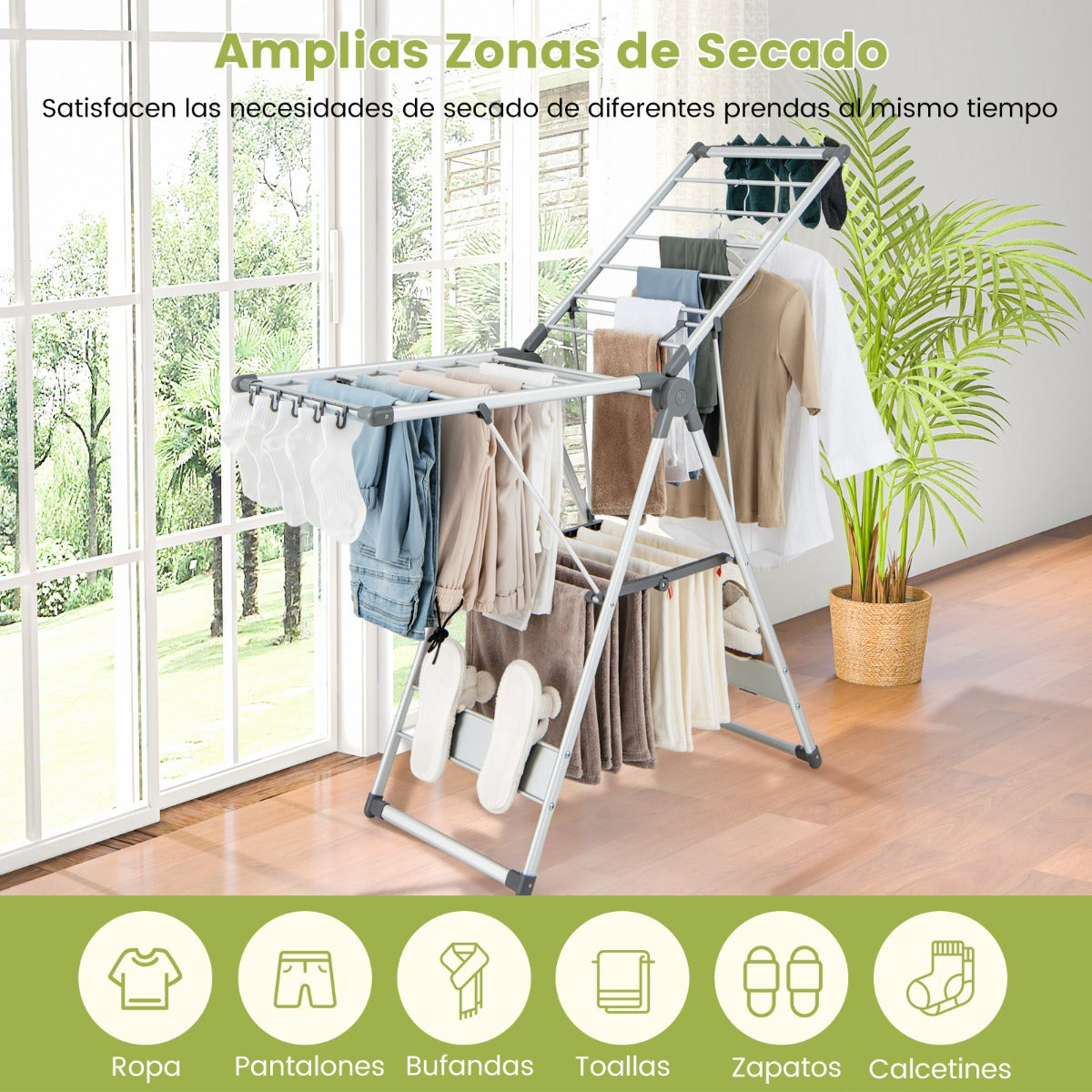 Tendedero Plegable de Aluminio de 5 Niveles para Ropa con Altura Ajustable 21 Rieles de Secado 10 Clips Laterales y 4 Soportes para Zapato
