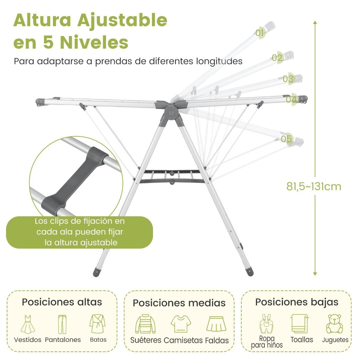 Tendedero Plegable de Aluminio de 5 Niveles para Ropa con Altura Ajustable 21 Rieles de Secado 10 Clips Laterales y 4 Soportes para Zapato