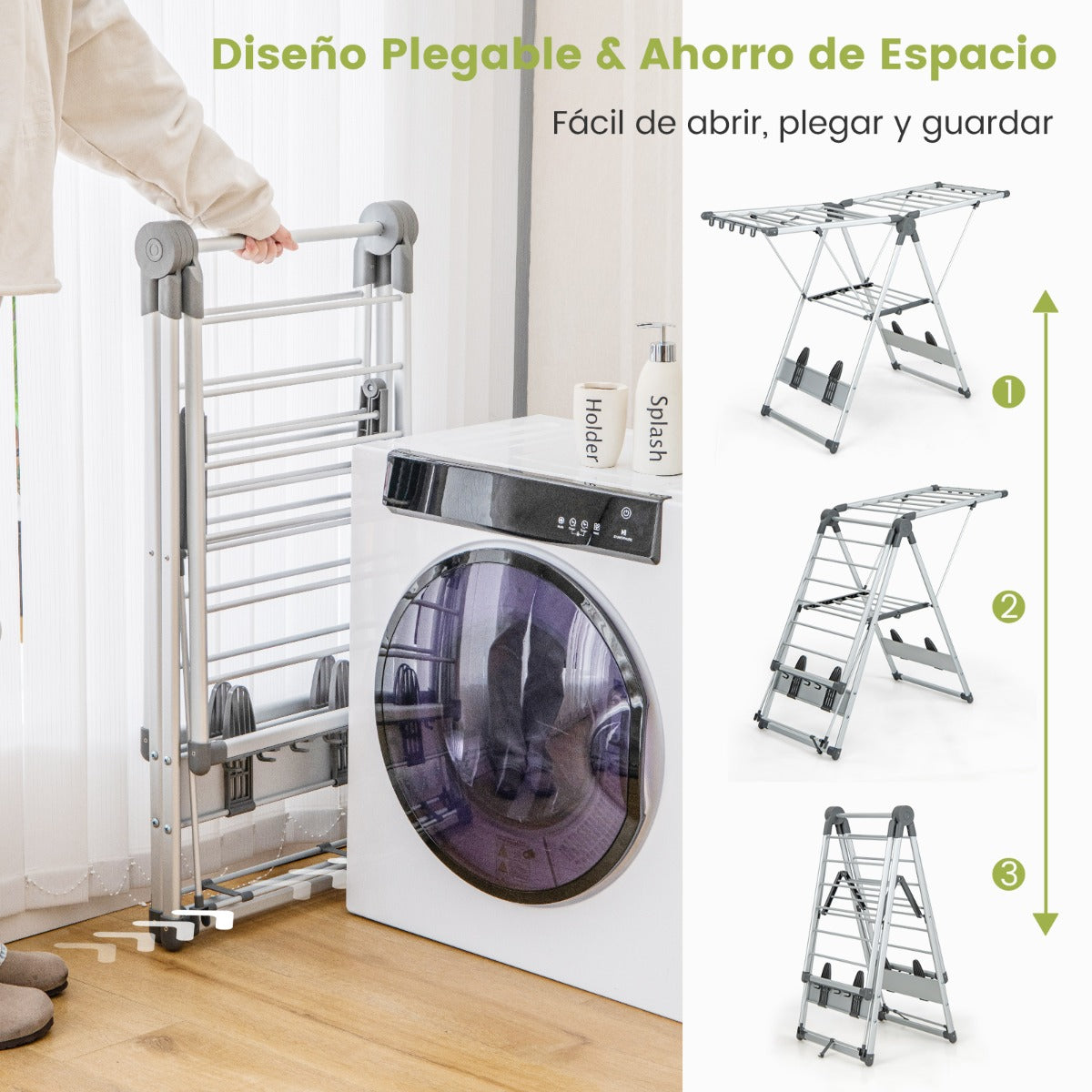 Tendedero Plegable de Aluminio de 5 Niveles para Ropa con Altura Ajustable 21 Rieles de Secado 10 Clips Laterales y 4 Soportes para Zapato