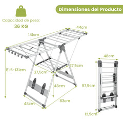Tendedero Plegable de Aluminio de 5 Niveles para Ropa con Altura Ajustable 21 Rieles de Secado 10 Clips Laterales y 4 Soportes para Zapato