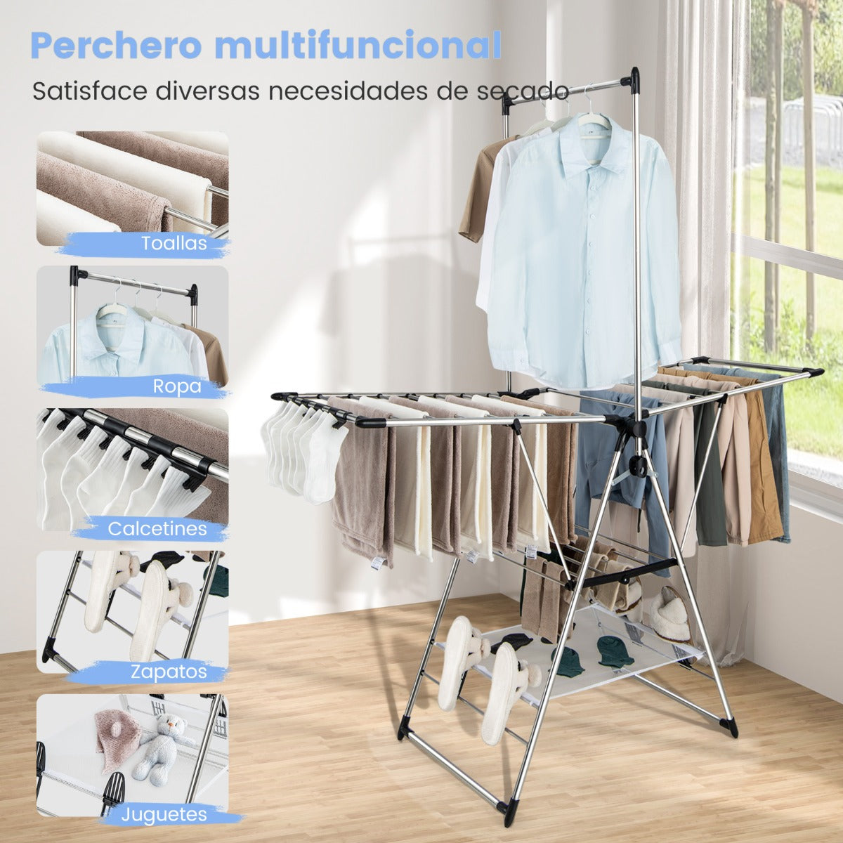 Tendedero Plegable de Aluminio de 6 Niveles para Ropa Zapatos Tendedero de Estilo Ala de Gaviota con Altura Ajustable y Clips Laterales
