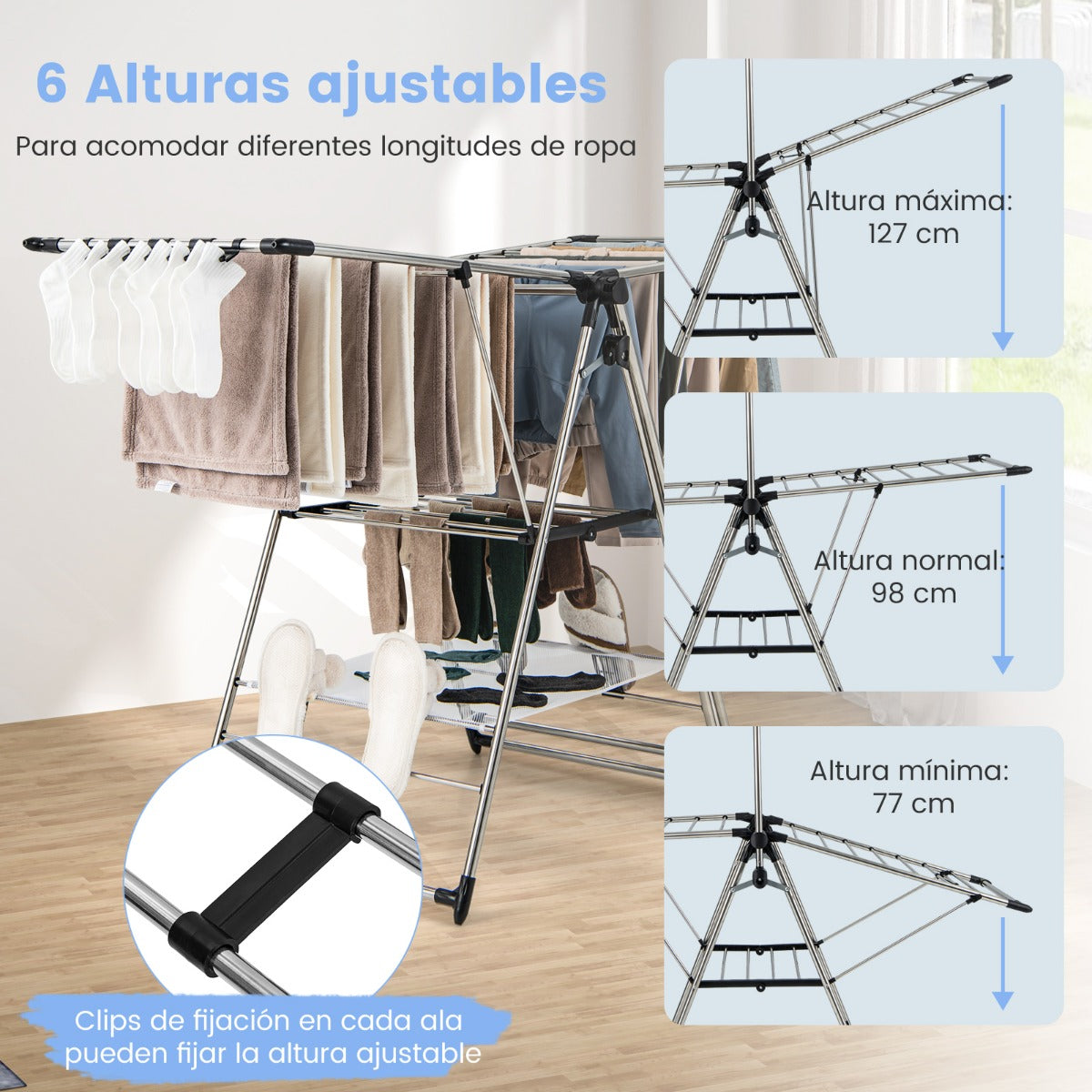 Tendedero Plegable de Aluminio de 6 Niveles para Ropa Zapatos Tendedero de Estilo Ala de Gaviota con Altura Ajustable y Clips Laterales