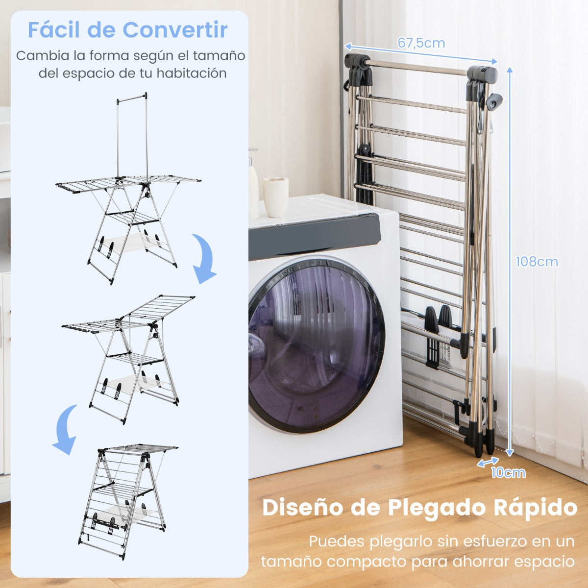 Tendedero Plegable de Aluminio de 6 Niveles para Ropa Zapatos Tendedero de Estilo Ala de Gaviota con Altura Ajustable y Clips Laterales