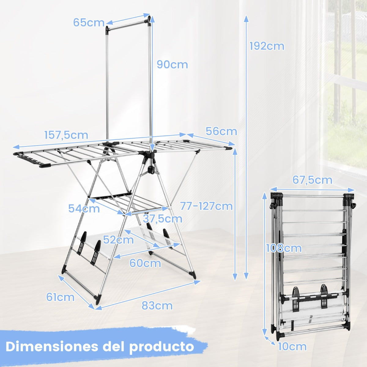 Tendedero Plegable de Aluminio de 6 Niveles para Ropa Zapatos Tendedero de Estilo Ala de Gaviota con Altura Ajustable y Clips Laterales