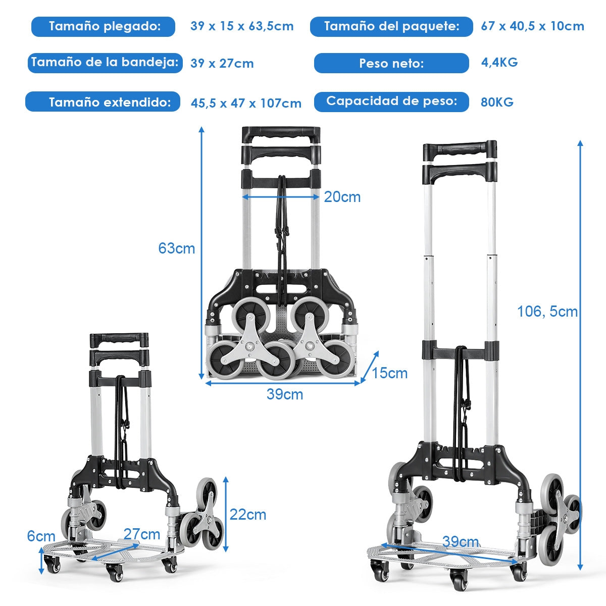 Carro de Carga Plegable con Correa Elástica y Empuñadura Telescópica Regulable en 3 Posiciones para Mudanza Compra Viajes